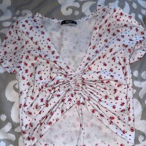 SHEIN White Ruched Tie Front Blouse